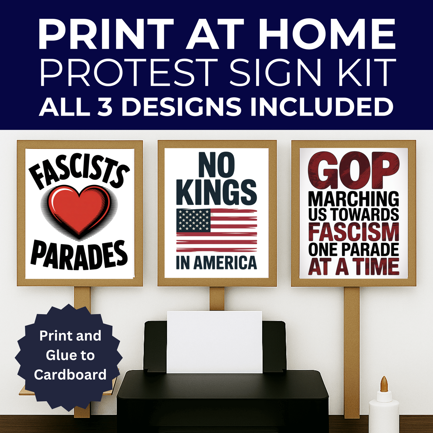 No Kings Protest Signs, Hands Off Protest Signs, 3 Signs Included, 8.5" x 11", Print at Home and Glue to Cardboard, Anti Trump Protest Signs