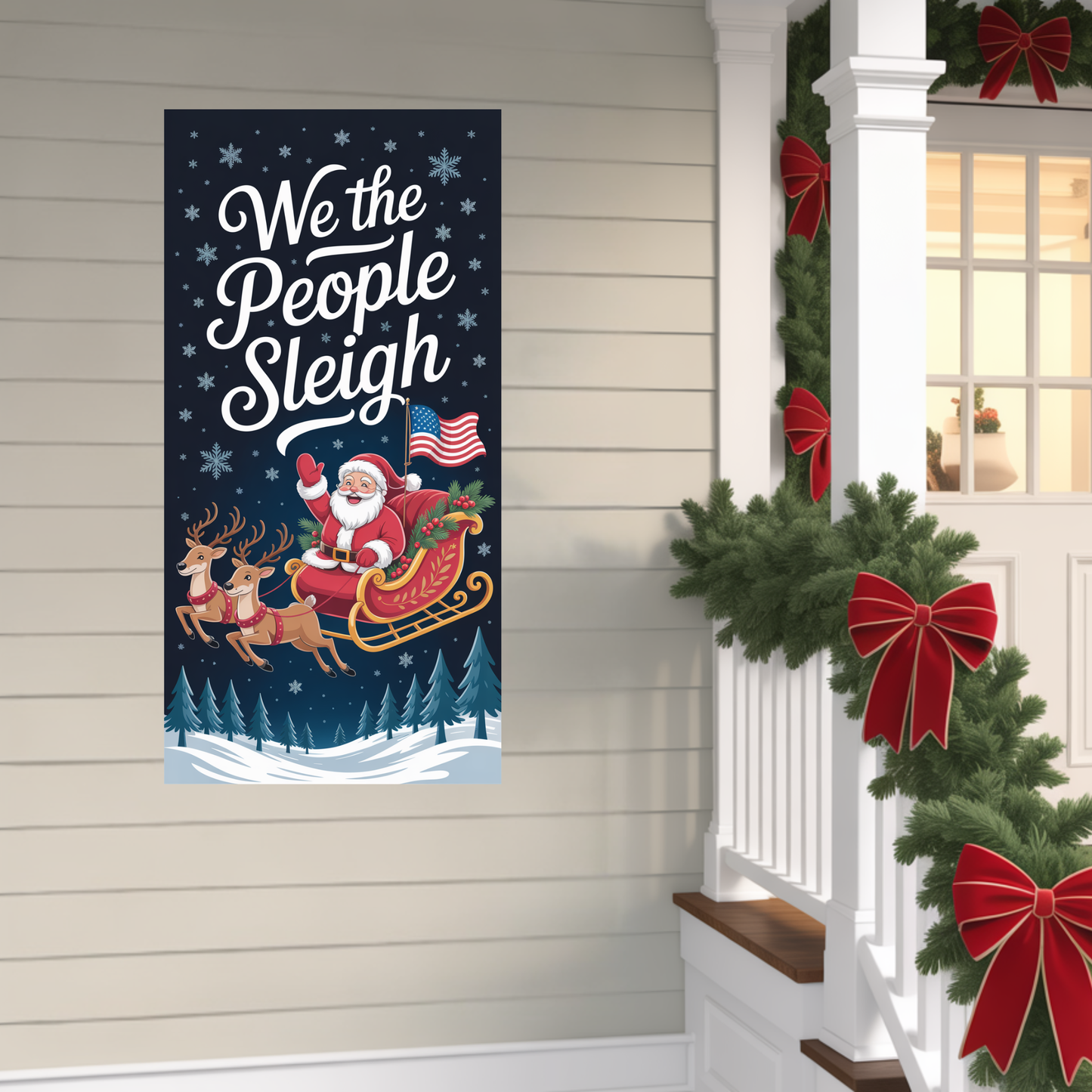 We the People Sleigh Christmas Door Sign, Christmas Door Decor, 24" x 48", Waterproof Vinyl, Holiday Door Sign, Holiday Door Decor