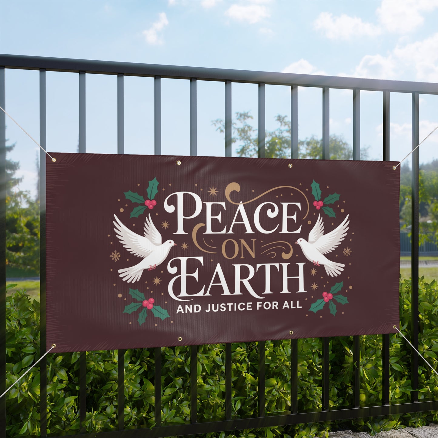 Peace on Earth Banner, Holiday Sign, Christmas Sign, Holiday Outdoor Decor, 2 Sizes, Matte Finish, Hanging Ropes Included, Free Shipping