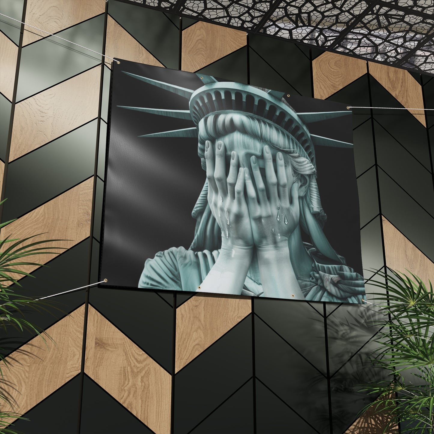 Weeping Statue of Liberty Banner | Anti Trump Protest Sign | 2 Sizes | Vinyl Outdoor | Hanging Ropes Included