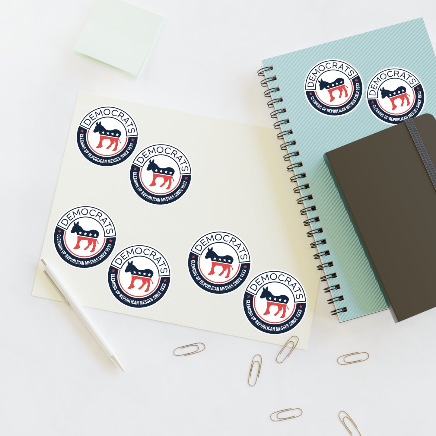 Political Postcard Stickers - "Democrats Cleaning Up Republican Messes Since 1933" Sticker Sheet - Democrat Stickers