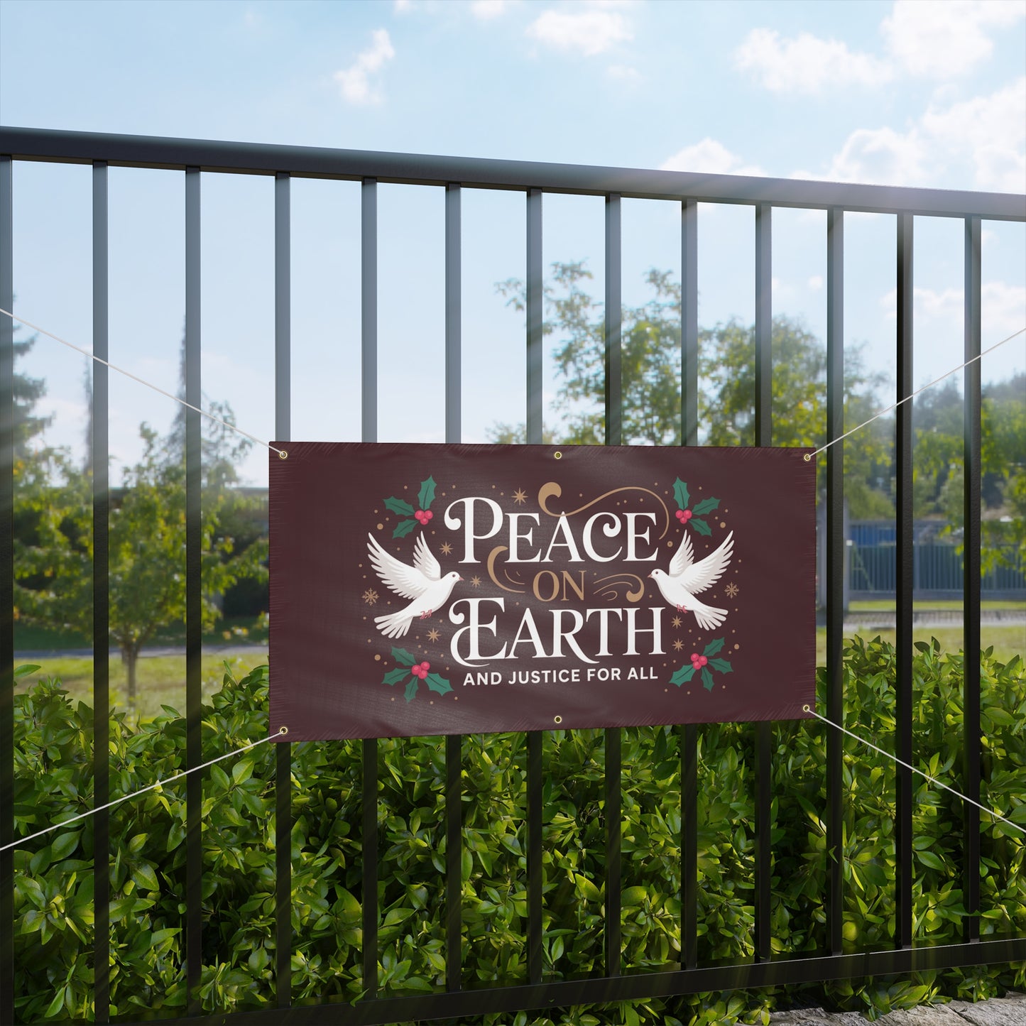 Peace on Earth Banner, Holiday Sign, Christmas Sign, Holiday Outdoor Decor, 2 Sizes, Matte Finish, Hanging Ropes Included, Free Shipping