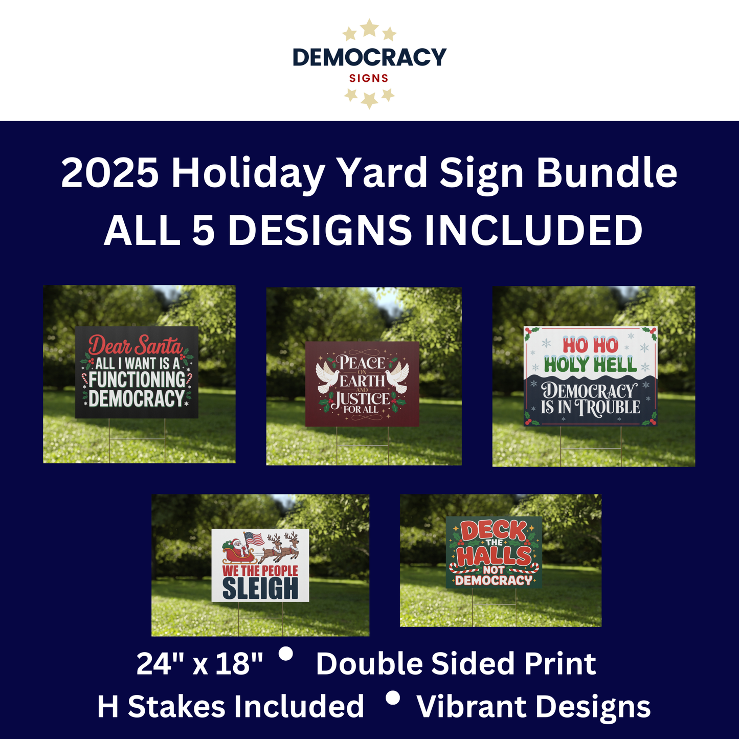Democracy Holiday Yard Sign 5 Pack - Top Selling Designs, 24" x 18", Print on Both Sides, H Stakes Included, Funny Political Christmas Signs