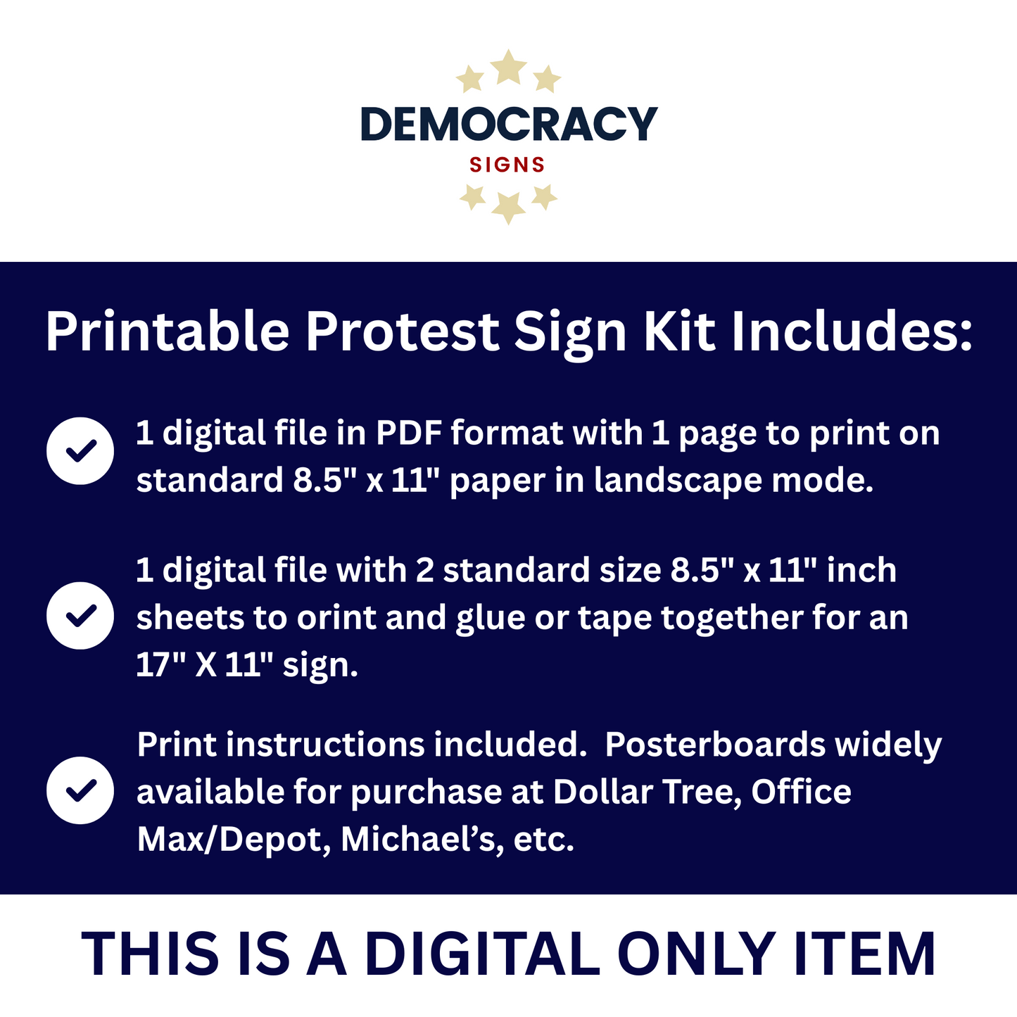 Print at Home Protest Sign Kit, 2 Sizes Included, Single Page (8.5" x 11"), or 2 Pages (17" x 11") Printable Protest Signs, Digital Download