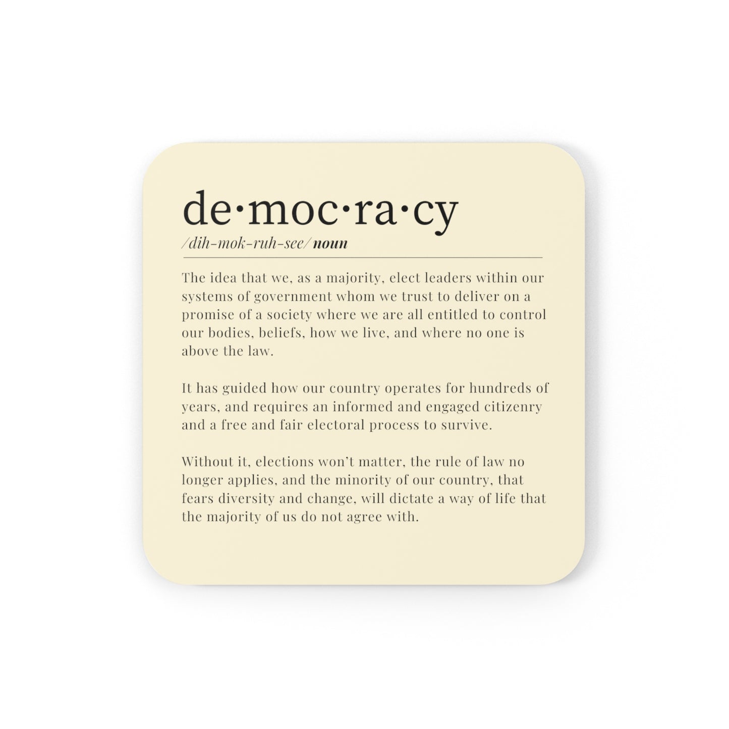 Democracy Coaster, 4 Piece Beige Corkwood Coaster Set, Democracy Definition