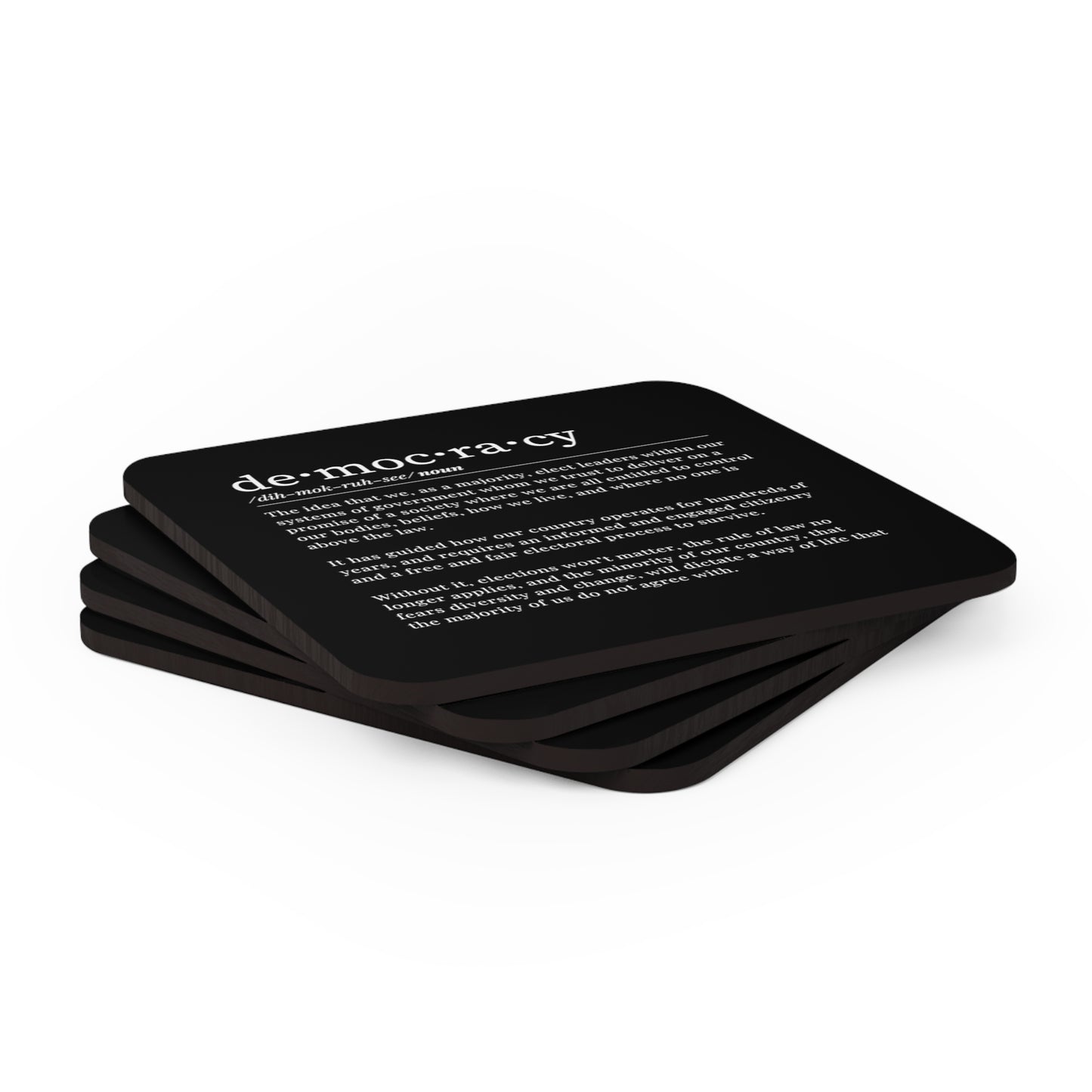 Democracy Coaster, 4 Piece Black and White Corkwood Coaster Set, Democracy Definition