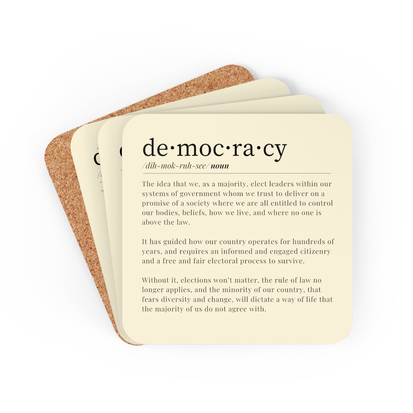 Democracy Coaster, 4 Piece Beige Corkwood Coaster Set, Democracy Definition