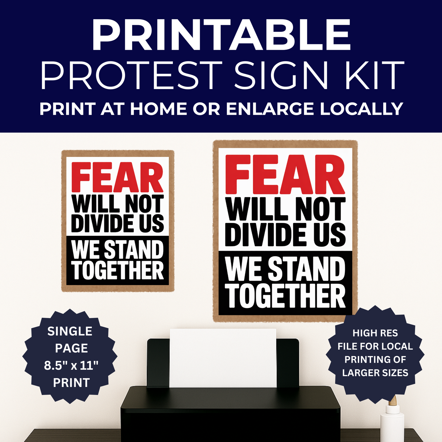Anti ICE Protest Sign - Fear Will Not Divide Us - Printable Protest Sign Kit - Protest Sign PNG
