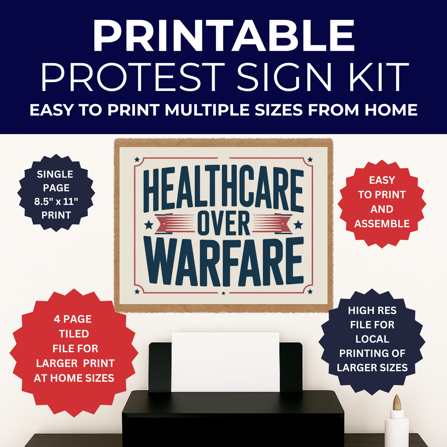 No Kings Protest Sign - Printable Protest Sign Kit - Healthcare Over Warfare