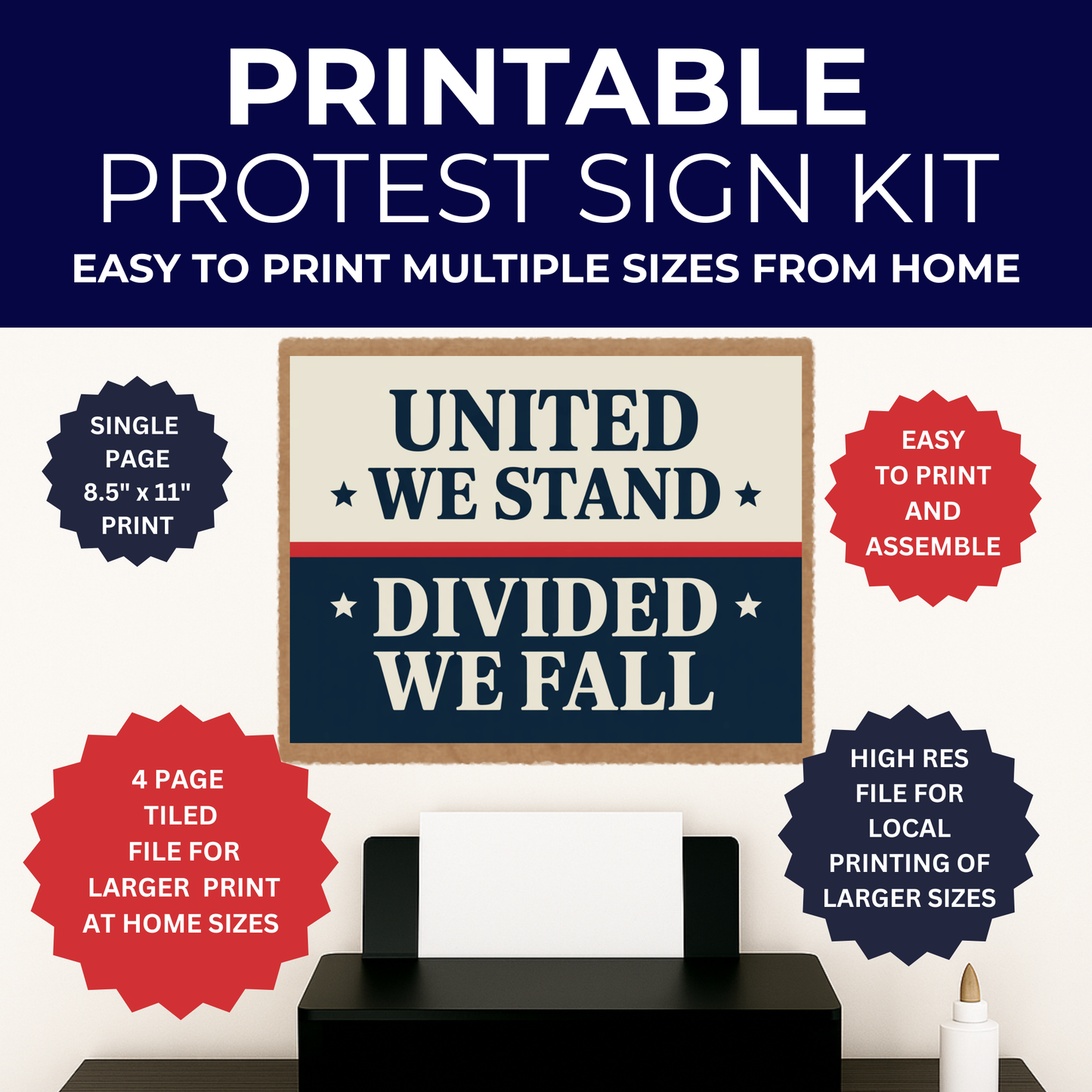 No Kings Protest Sign - Printable Protest Sign Kit - United We Stand Divided We Fall