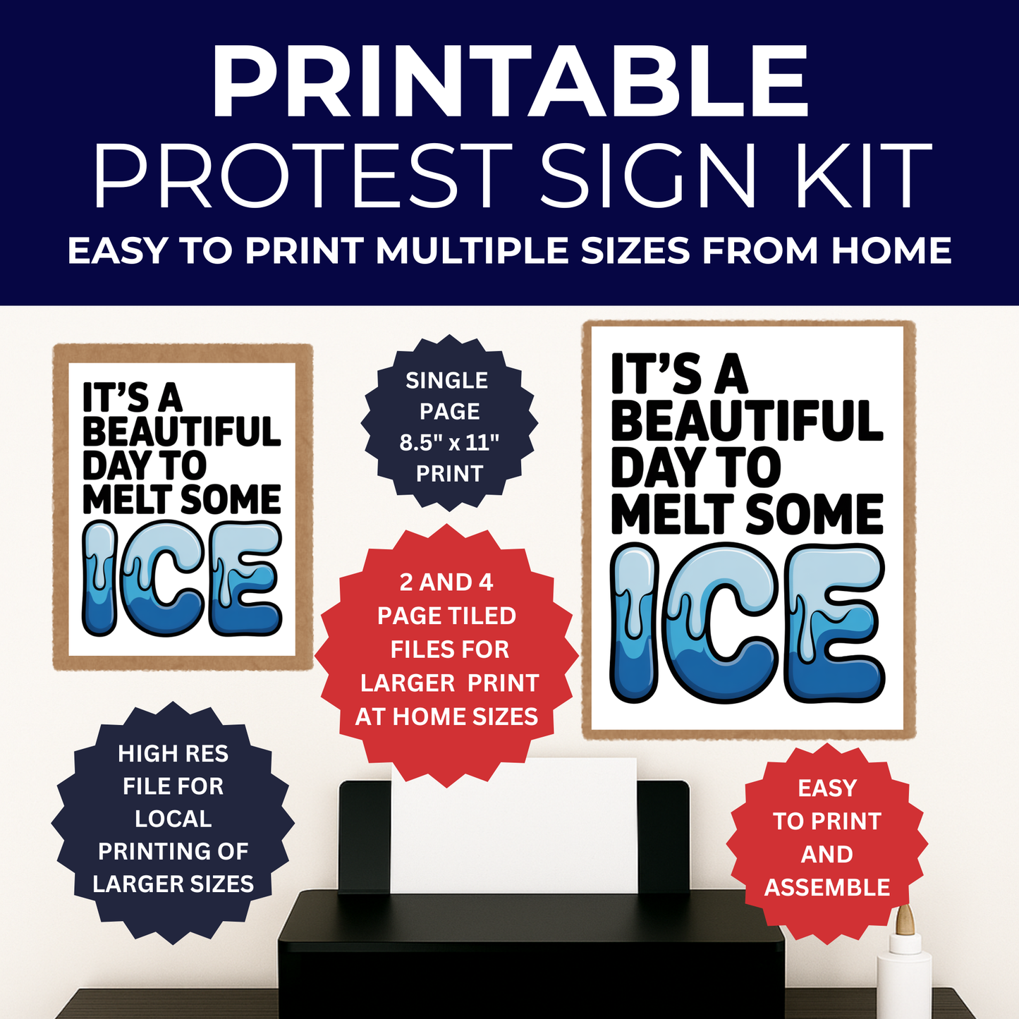 Anti ICE Protest Sign - Printable Protest Sign Kit - It's a Beautiful Day to Melt Some ICE