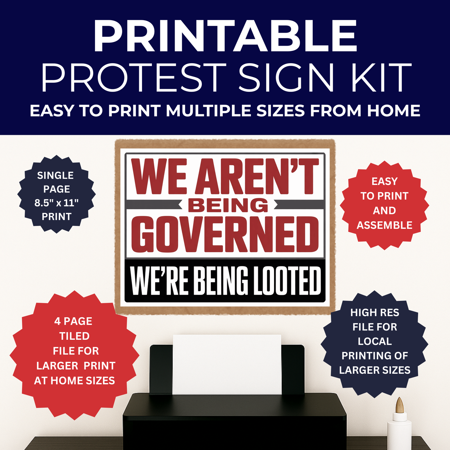 No Kings Protest Sign - Printable Protest Sign Kit - We Aren't Being Governed, We're Being Looted