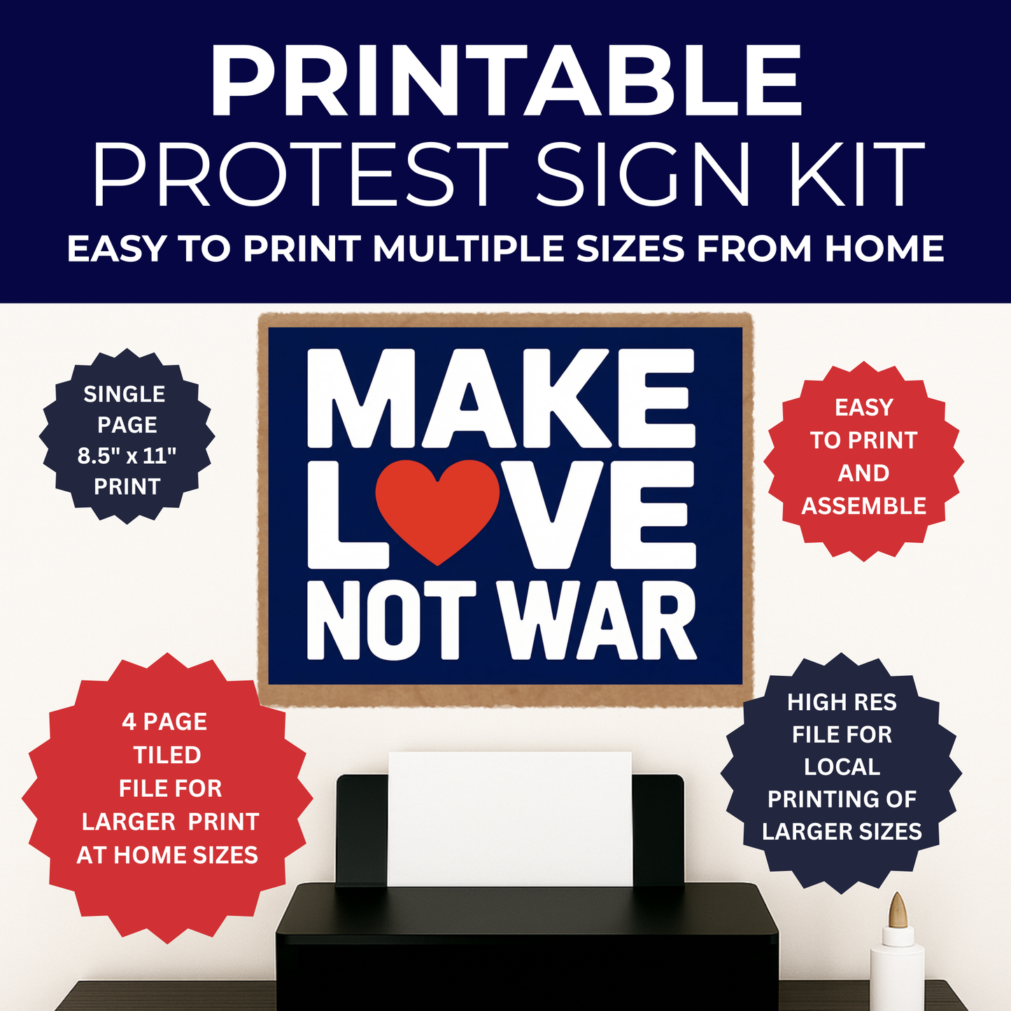 No Kings Protest Sign - Printable Protest Sign Kit - Make Love Not War Sign