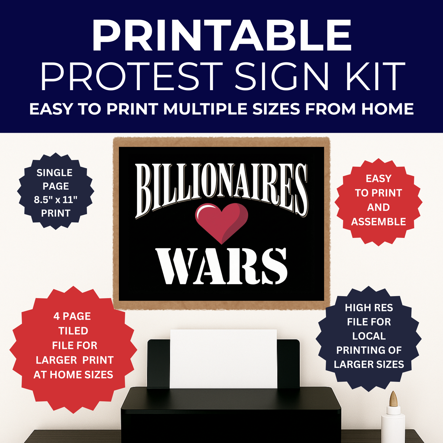 No Kings Protest Sign - Printable Protest Sign Kit - Billionaires Love Wars Sign