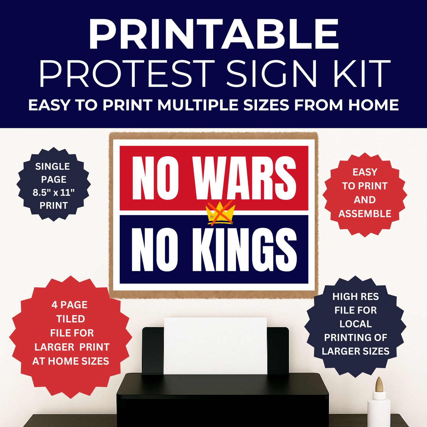 No Kings Protest Sign - Printable Protest Sign Kit - No Wars No Kings Sign