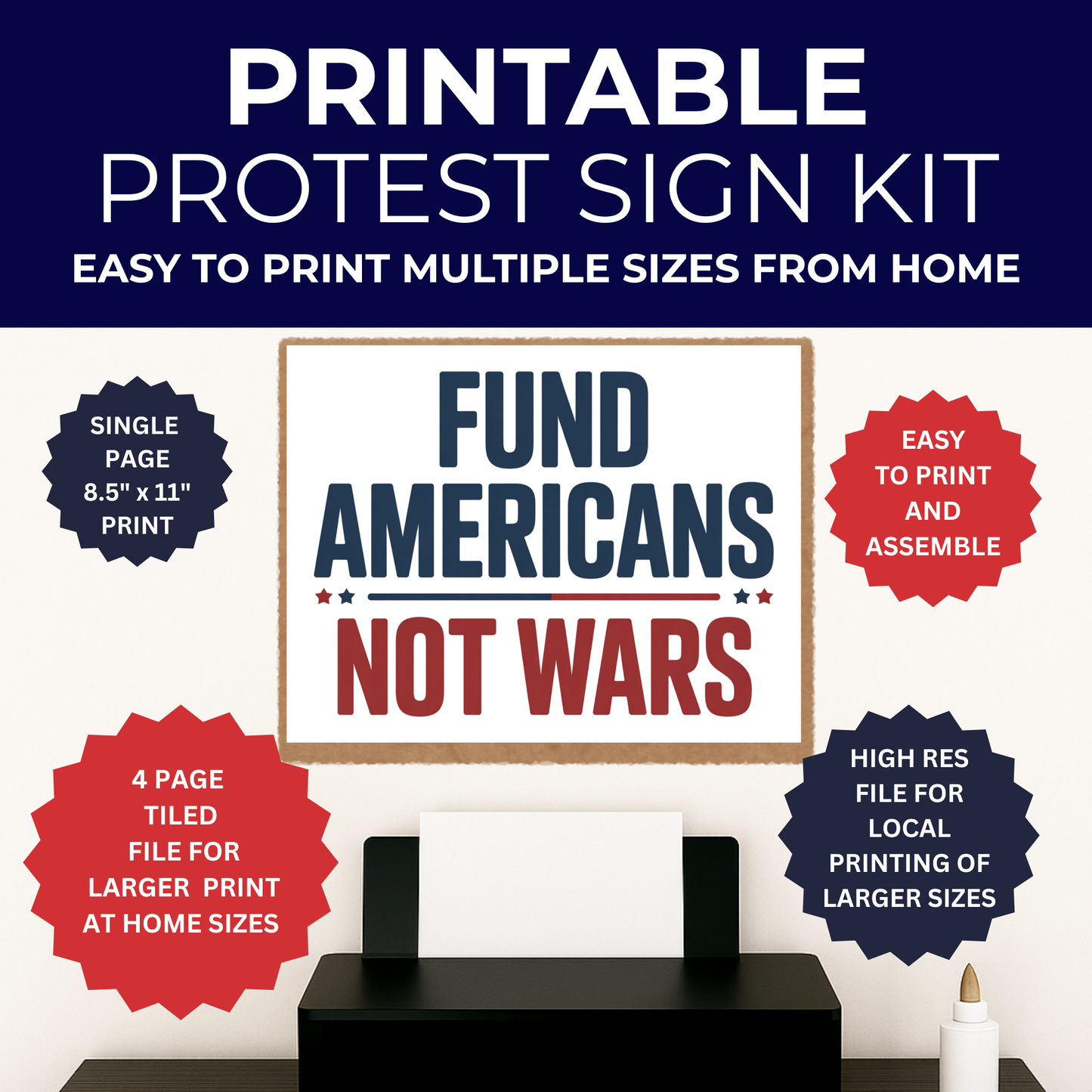 No Kings Protest Sign - Printable Protest Sign Kit - Fund Americans Not Wars Sign