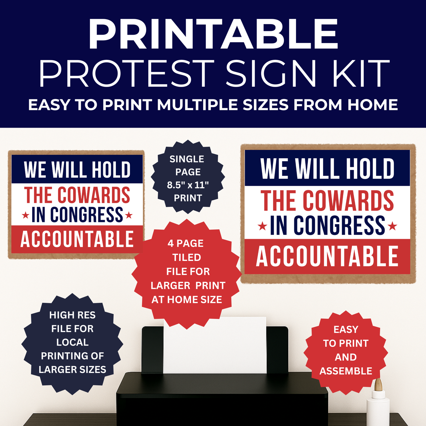 Anti ICE Protest Sign - Printable Protest Sign Kit - Cowards in Congress