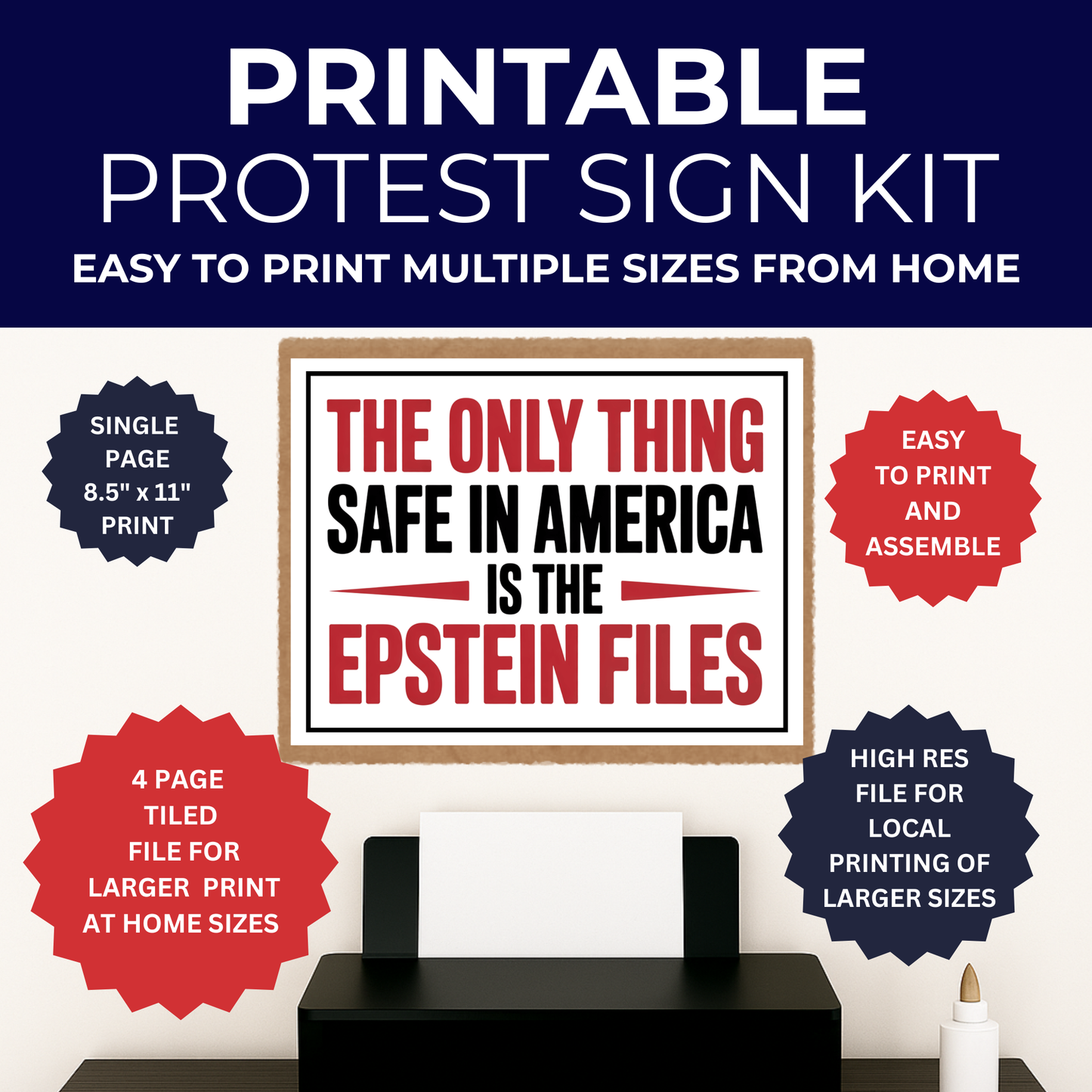 No Kings Protest Sign - Printable Protest Sign Kit - Epstein Files