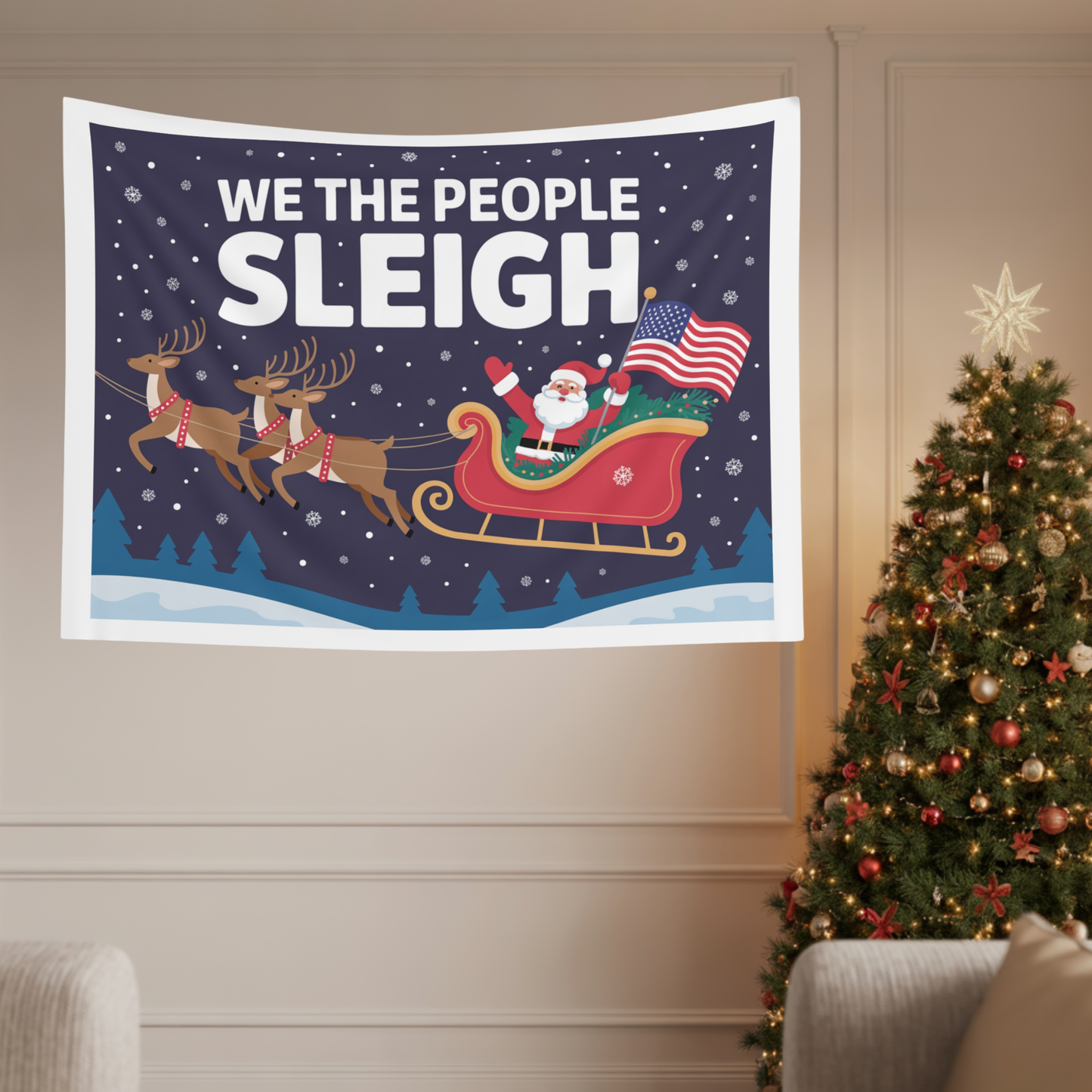 We the People Sleigh Indoor Wall Tapestry | Christmas Wall Decor | Christmas Wall Tapestry | Christmas Party Signs