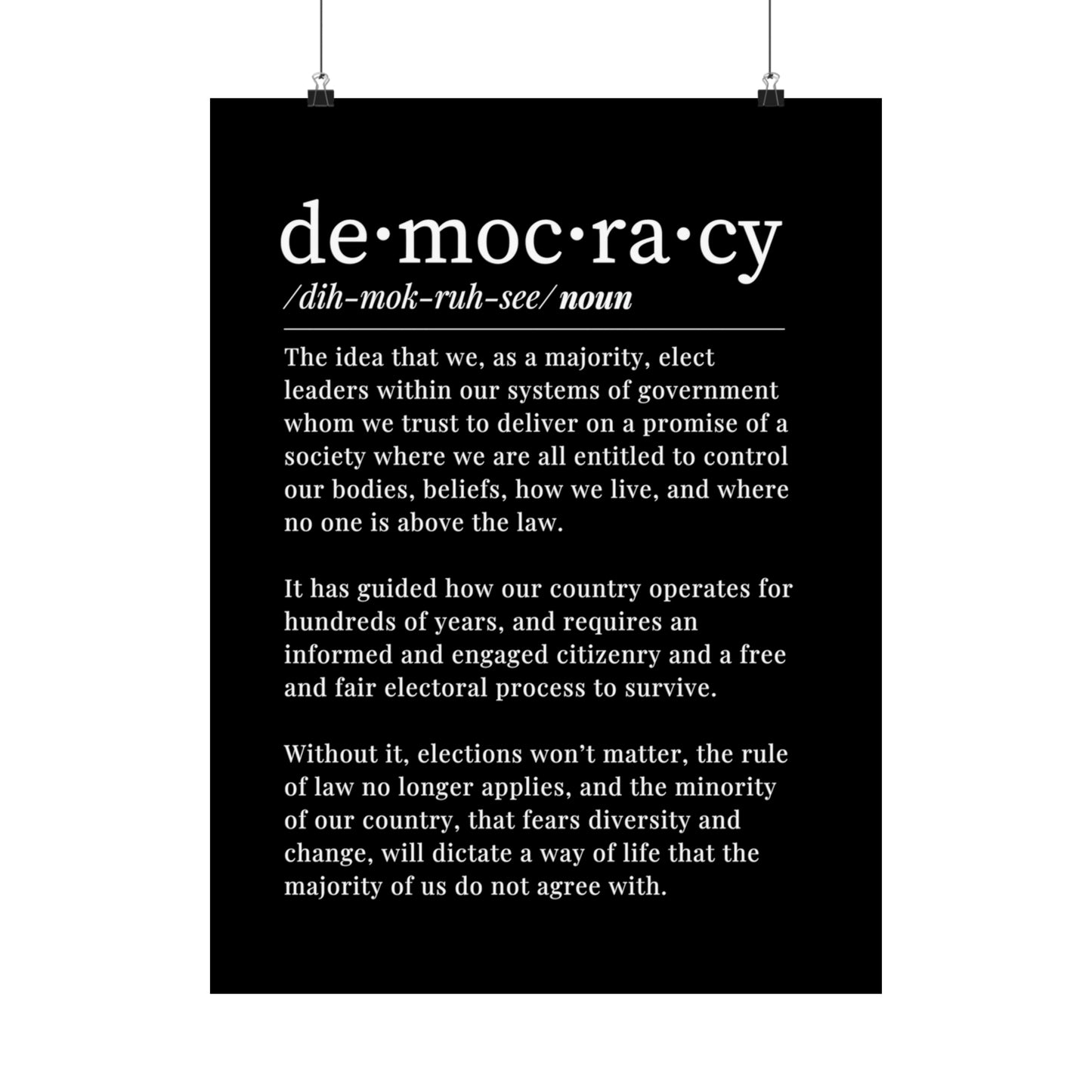 Democracy Poster, 18 x 24, Matte, Black and White, Democracy Definition