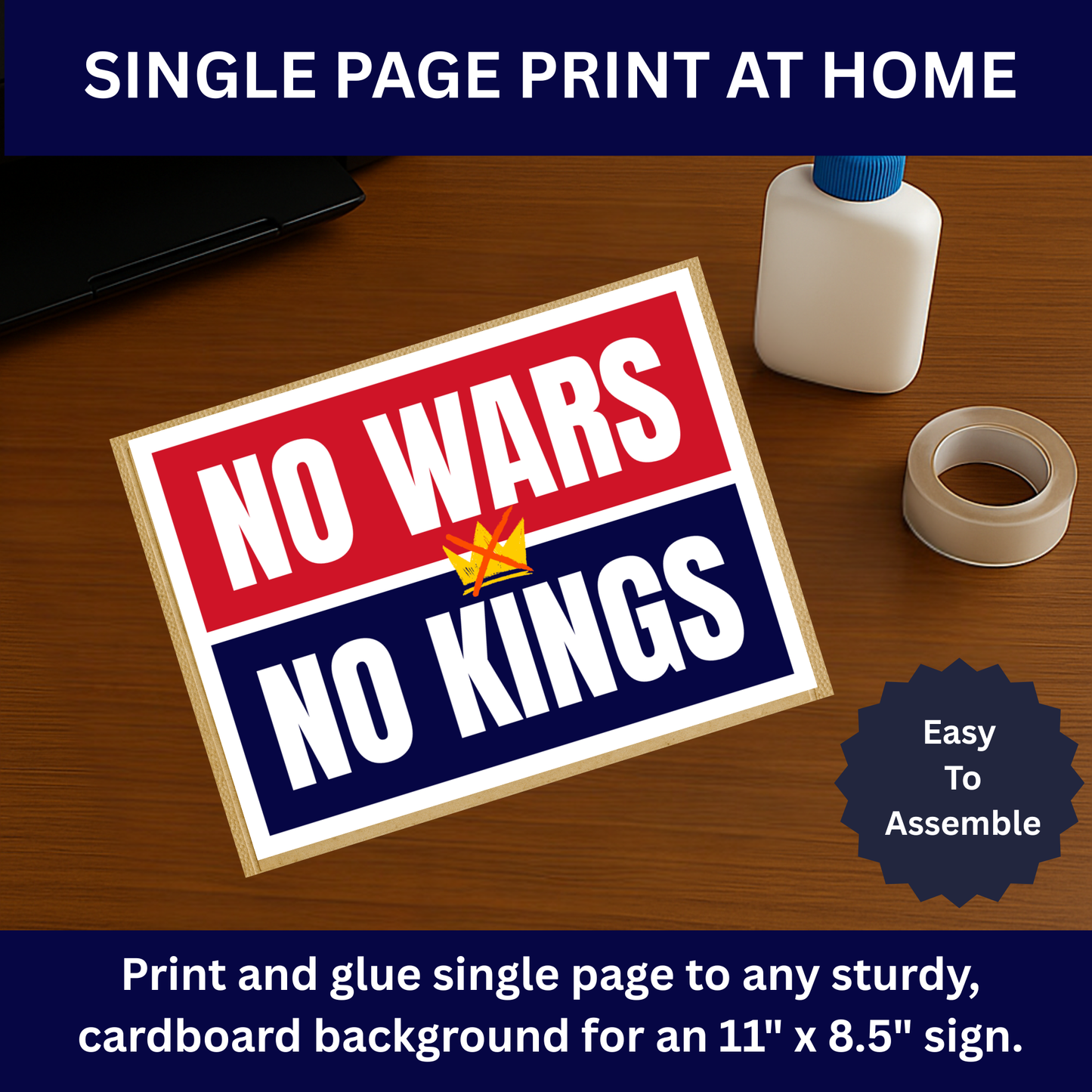 No Kings Protest Sign - Printable Protest Sign Kit - No Wars No Kings Sign
