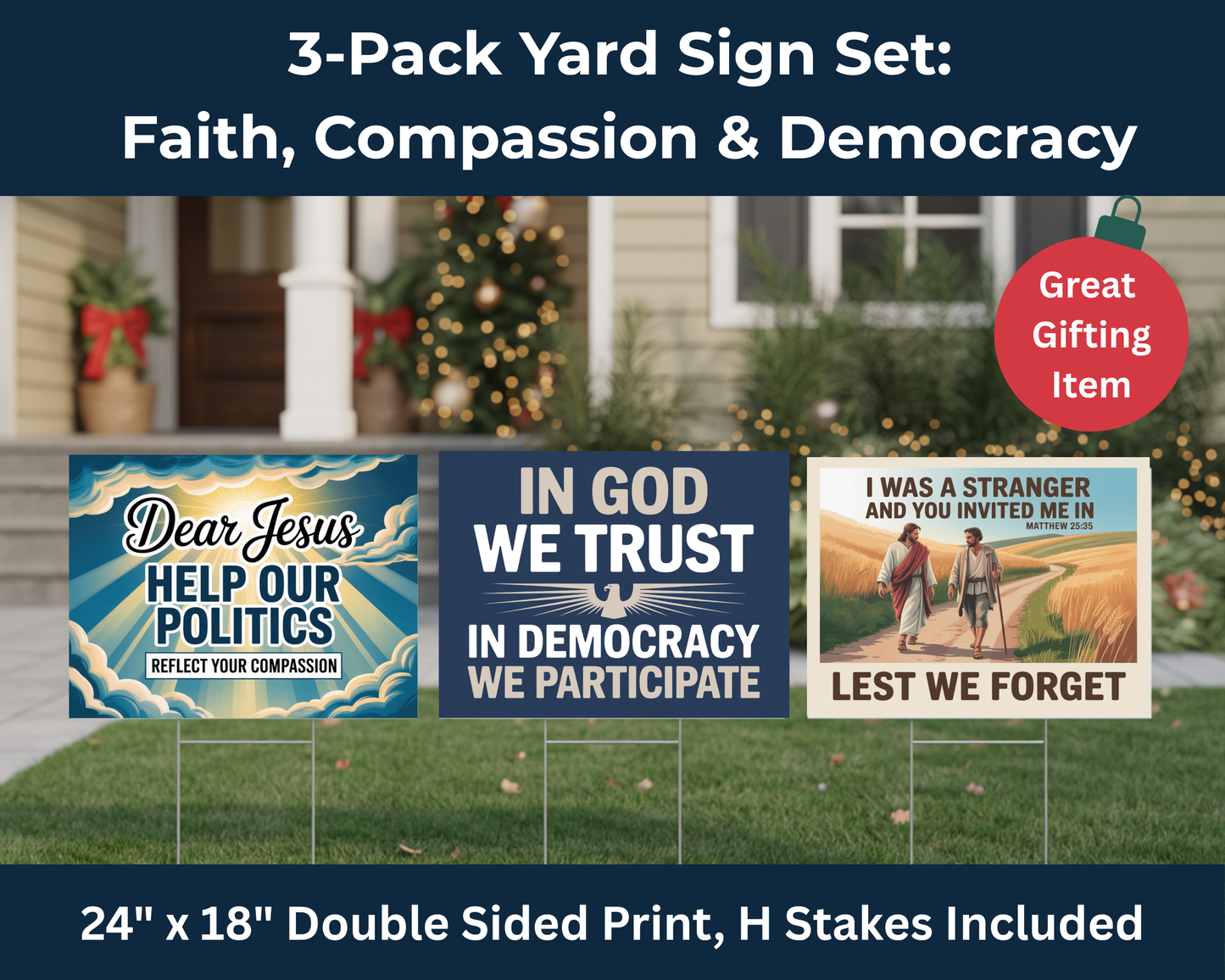 Anti Trump Yard Signs 3 Pack - Faith, Compassion and Democracy Designs - Free Shipping