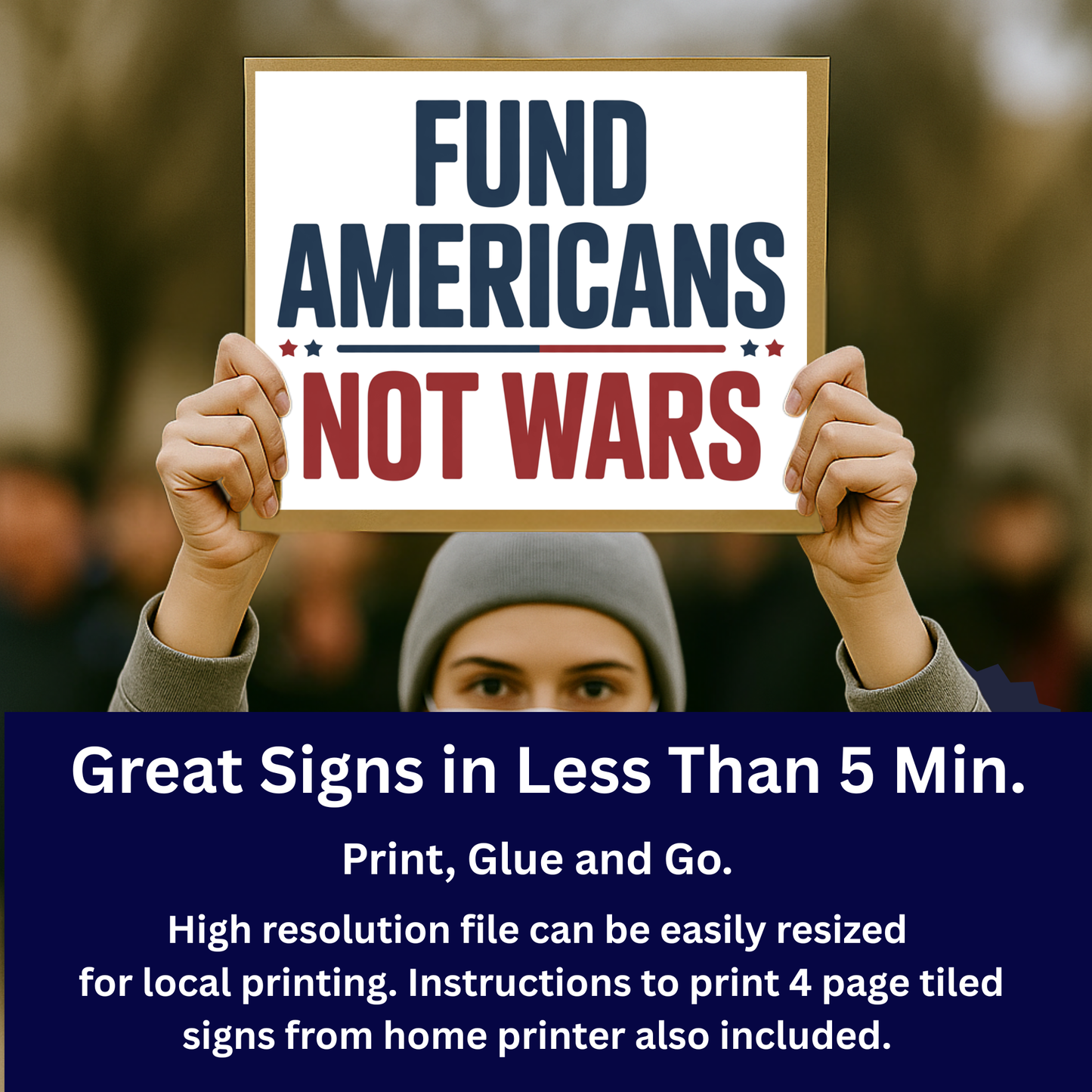 No Kings Protest Sign - Printable Protest Sign Kit - Fund Americans Not Wars Sign