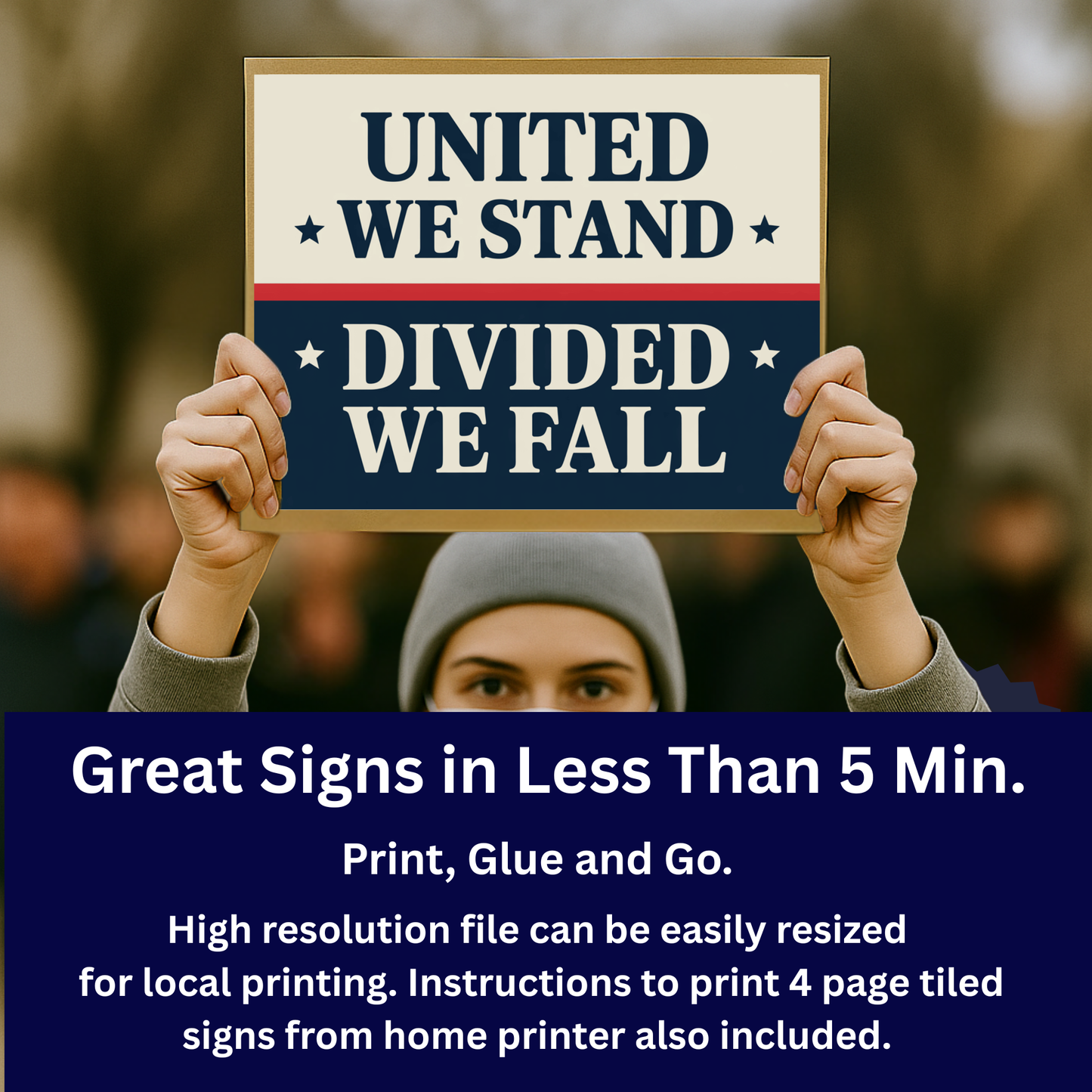 No Kings Protest Sign - Printable Protest Sign Kit - United We Stand Divided We Fall