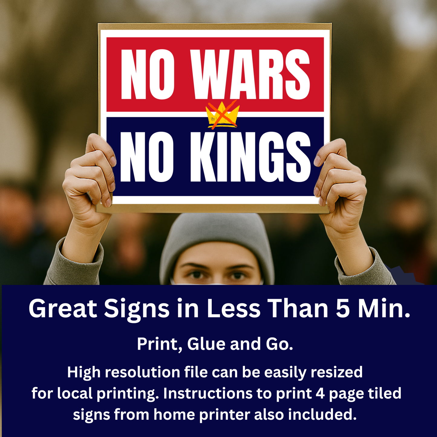 No Kings Protest Sign - Printable Protest Sign Kit - No Wars No Kings Sign