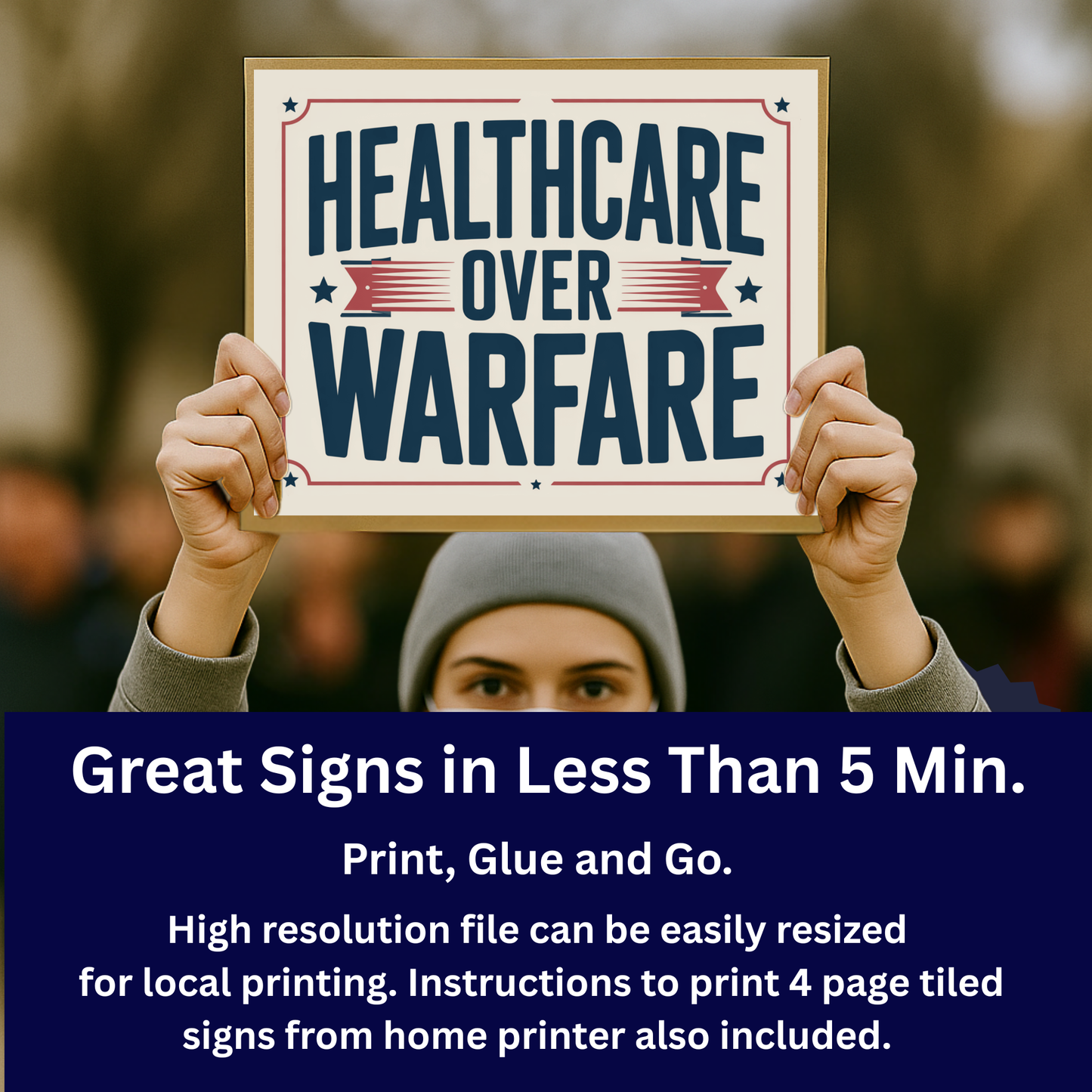 No Kings Protest Sign - Printable Protest Sign Kit - Healthcare Over Warfare