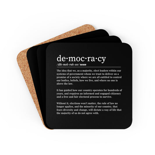 Democracy Coaster, 4 Piece Black and White Corkwood Coaster Set, Democracy Definition