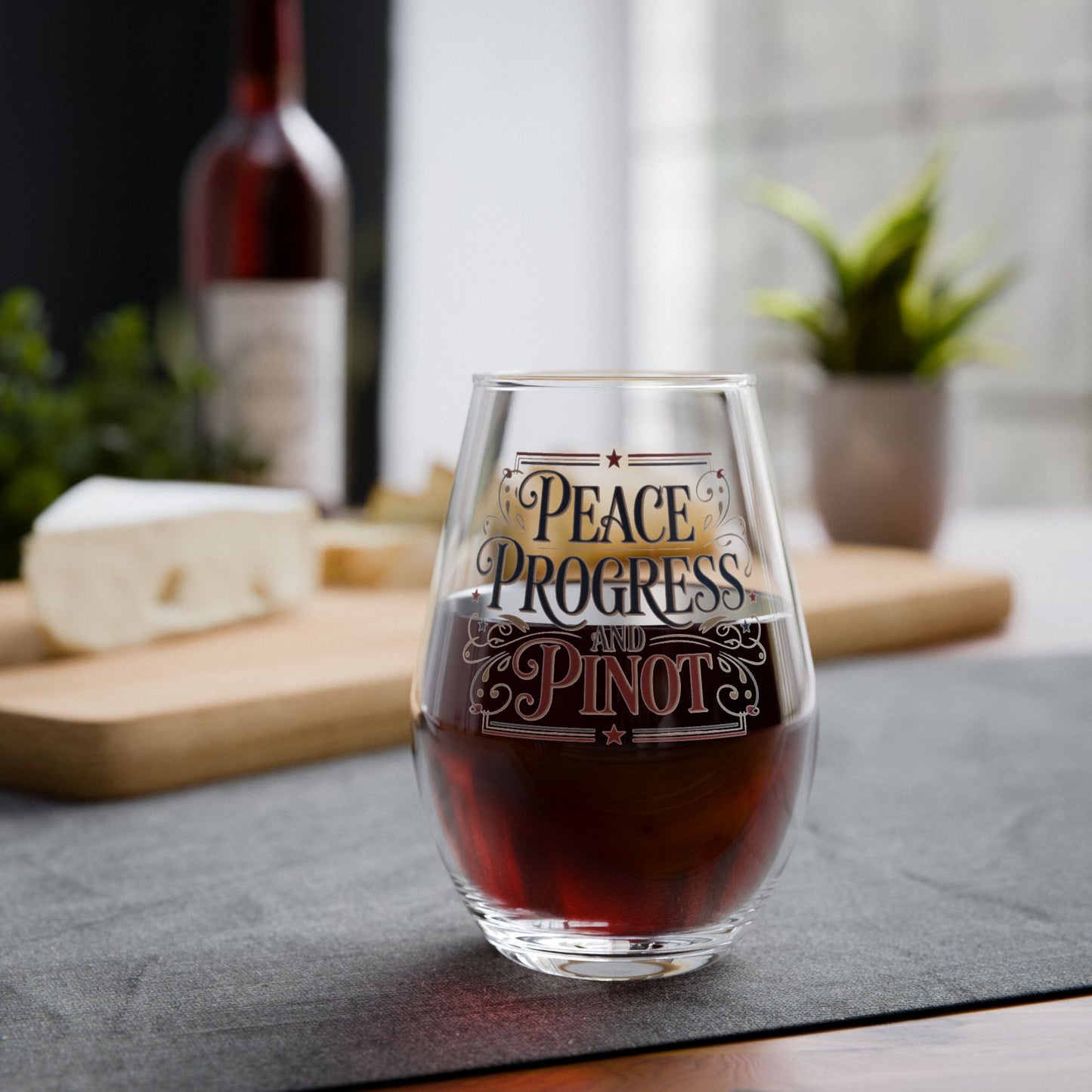 Peace, Progress and Pinot Stemless Wine Glass, 11.75 oz, Anti Trump Gift, Freedom Gift, Patriotic Gift, Gift for Democrat