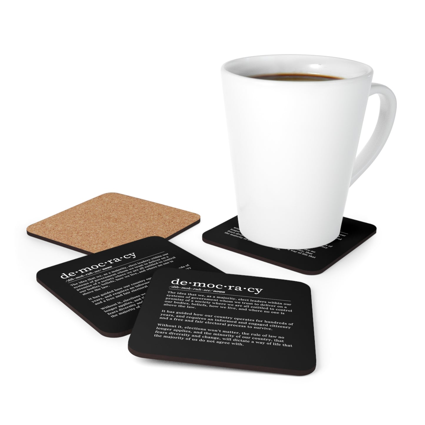 Democracy Coaster, 4 Piece Black and White Corkwood Coaster Set, Democracy Definition