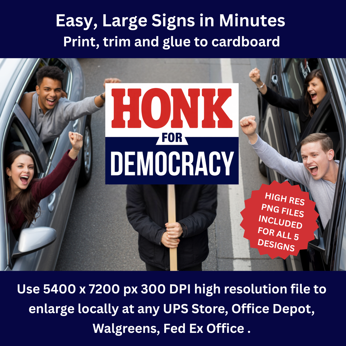 Honk for Democracy Printable Sign Kit -Patriotic Signs for Protests - 5 Different Messages Included