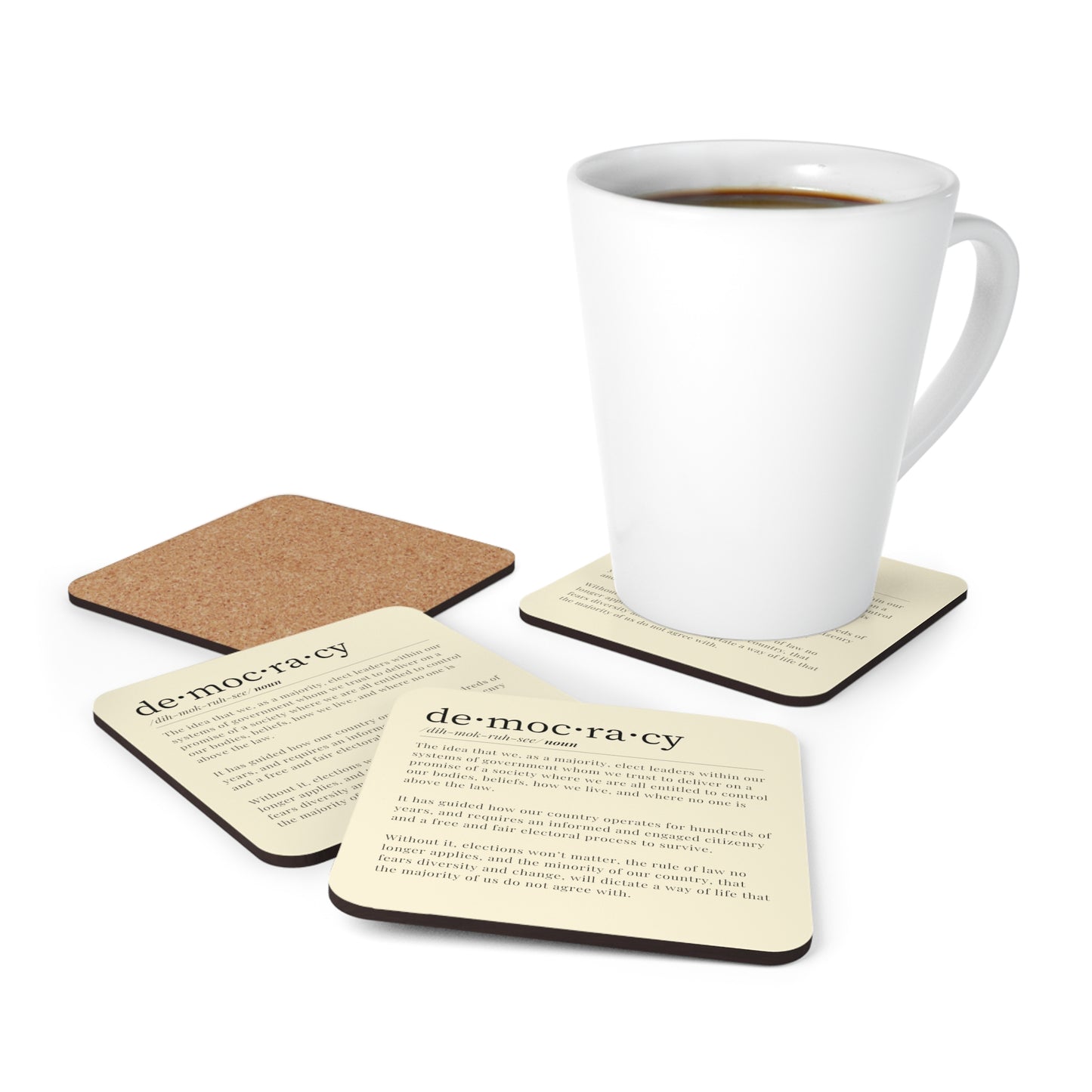 Democracy Coaster, 4 Piece Beige Corkwood Coaster Set, Democracy Definition