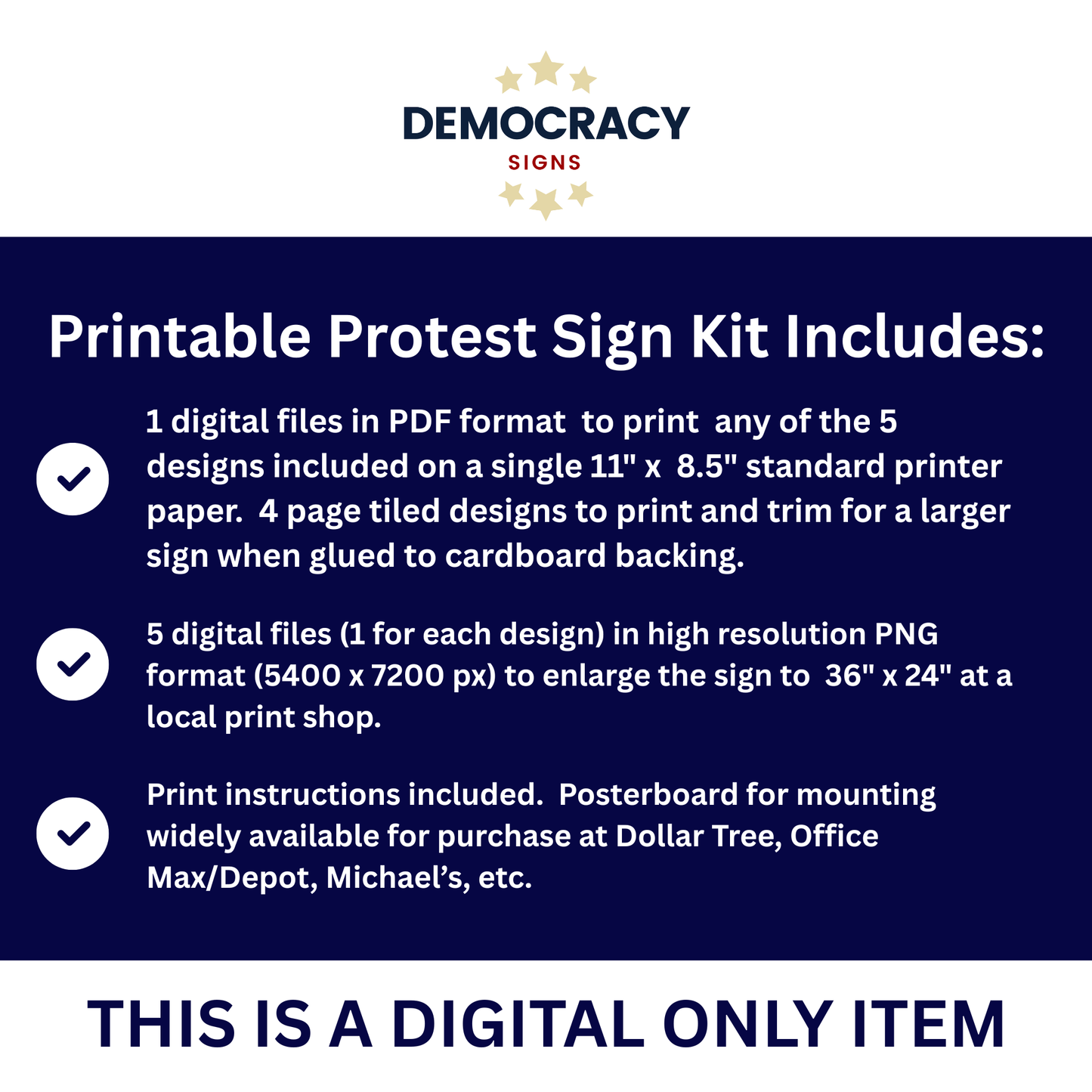 Honk for Democracy Printable Sign Kit -Patriotic Signs for Protests - 5 Different Messages Included
