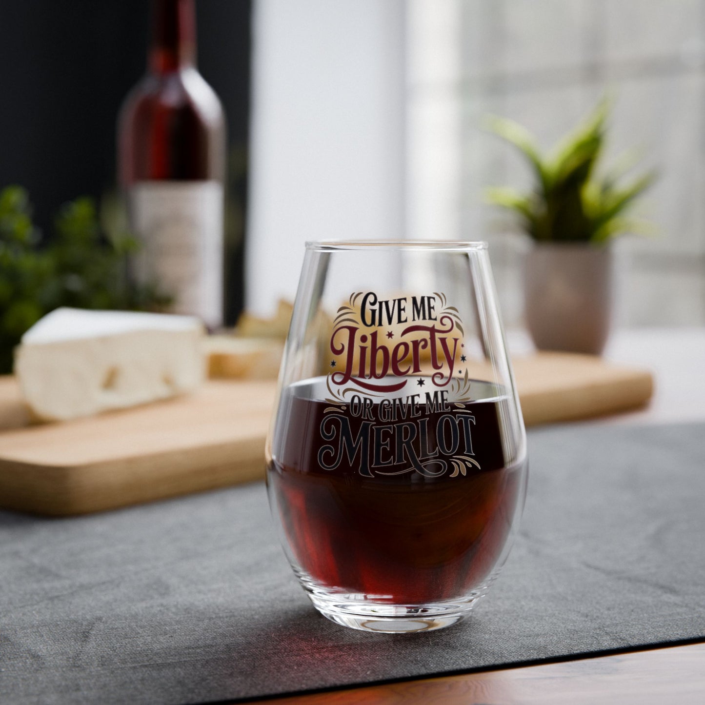 Give Me Liberty or Give Me Merlot Stemless Wine Glass, Wholesale Political Wine Glasses