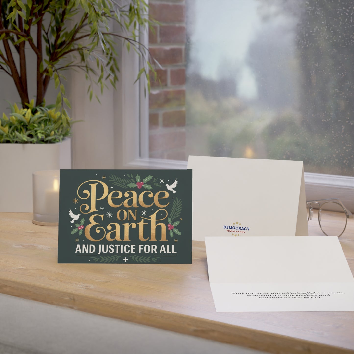 Peace on Earth and Justice for All Holiday Greeting Cards, Political Holiday Cards, 7" x 5", Matte Finish, Packs of 5, 10 or 25, Free Shipping