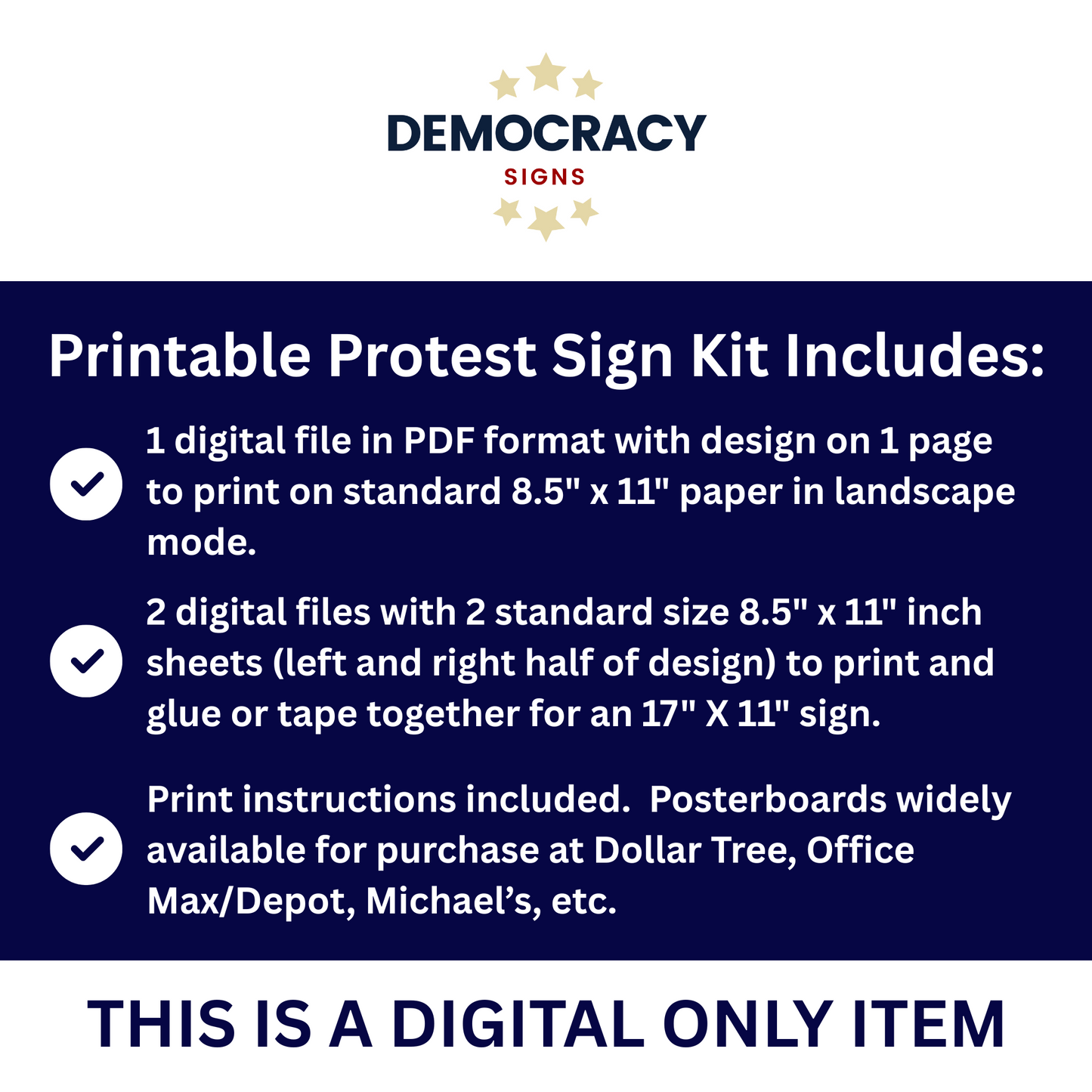 Print at Home Protest Sign Kit, 2 Sizes Included, Single Page (8.5" x 11"), or 2 Pages (17" x 11") Printable Protest Signs, Digital Download