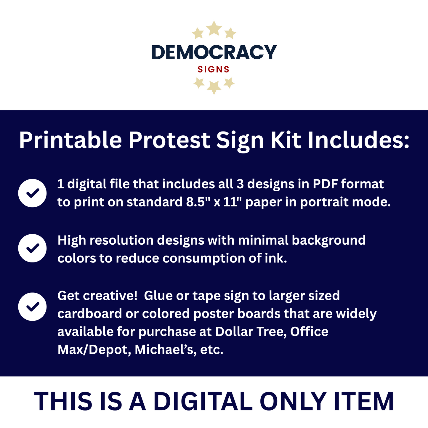 No Kings Protest Signs, Hands Off Protest Signs, 3 Signs Included, 8.5" x 11", Print at Home and Glue to Cardboard, Anti Trump Protest Signs