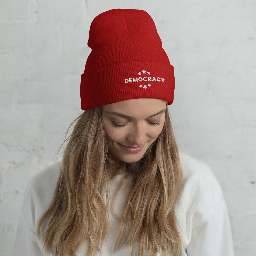 Democracy Knit Beanie, Embroidered, Multiple Colors, Democracy Hat