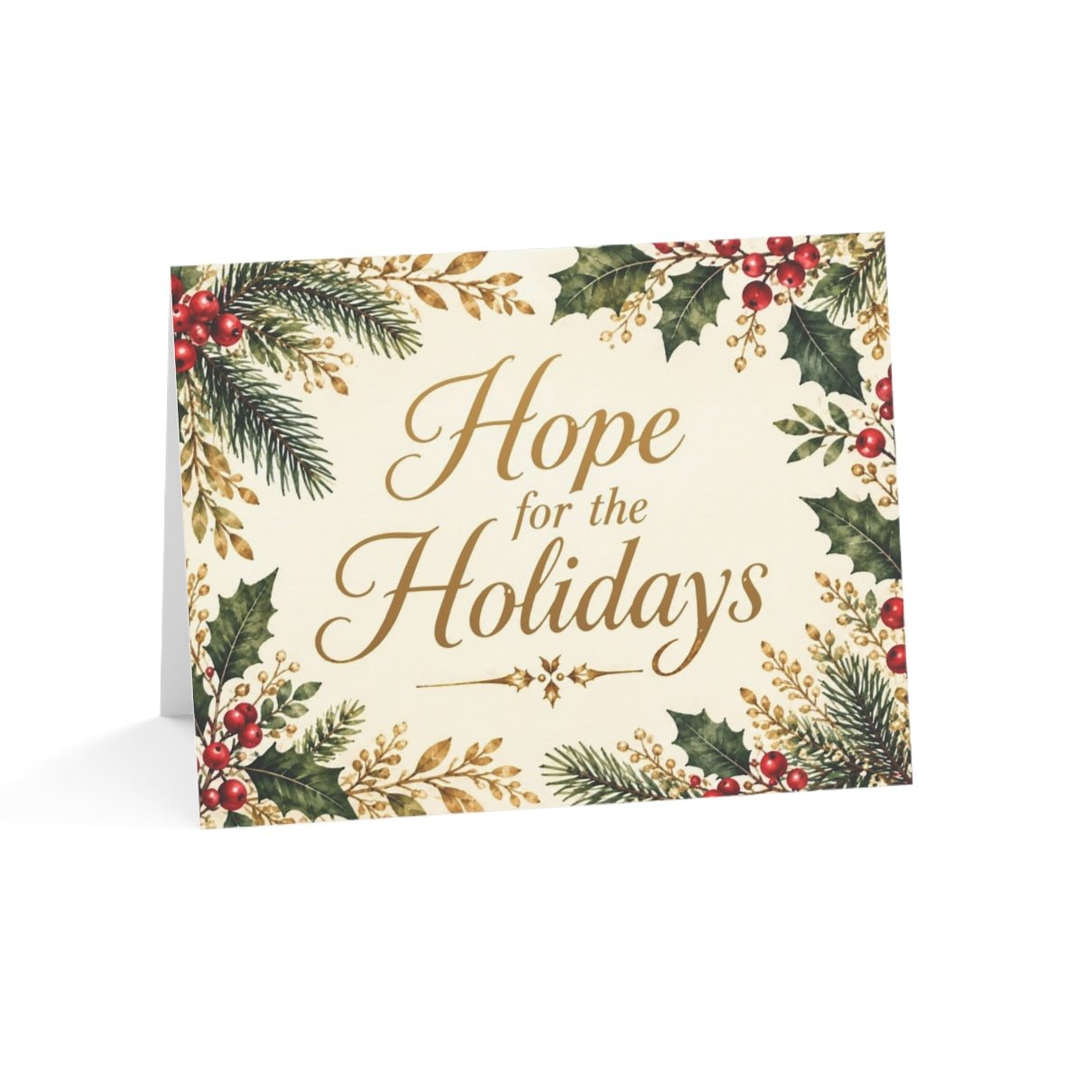 Hope for the Holidays (watercolour holly) greeting card, front