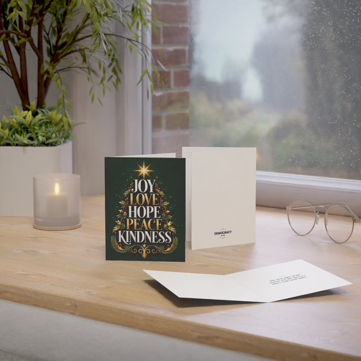 Joy, Love, Hope, Peace, Kindness (green) greeting card, context-1
