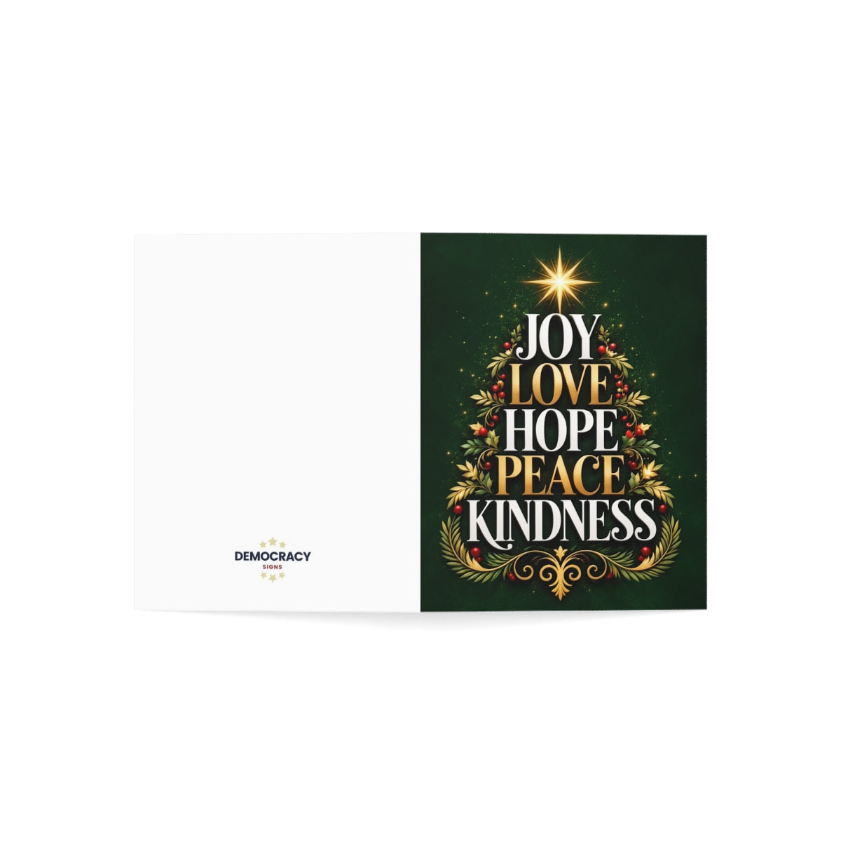 Joy, Love, Hope, Peace, Kindness (green) greeting card, open-cover