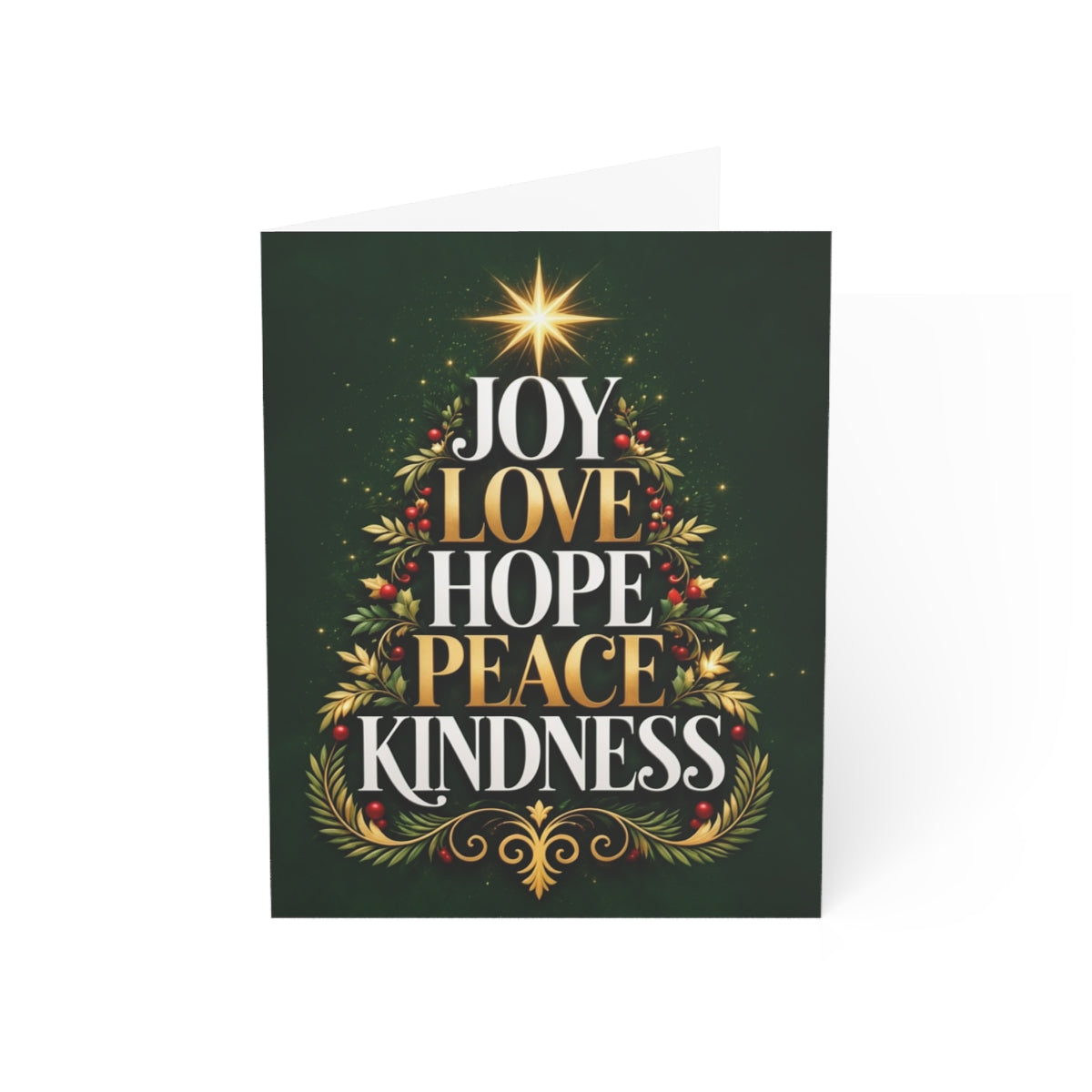 Joy, Love, Hope, Peace, Kindness (green) greeting card, front