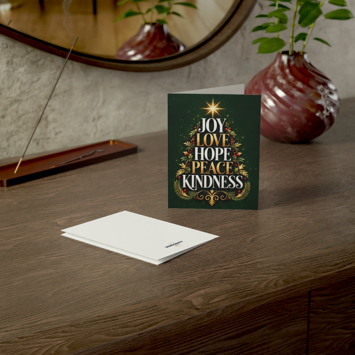 Joy, Love, Hope, Peace, Kindness (green) greeting card, context-2