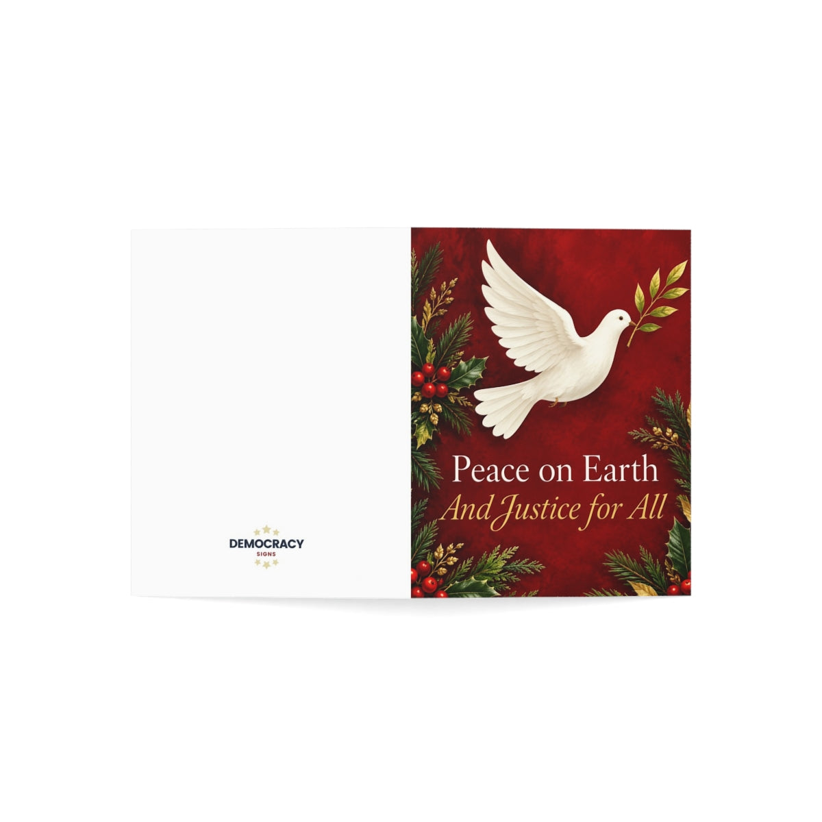Peace on Earth, And Justice for All (red) greeting card, open-cover