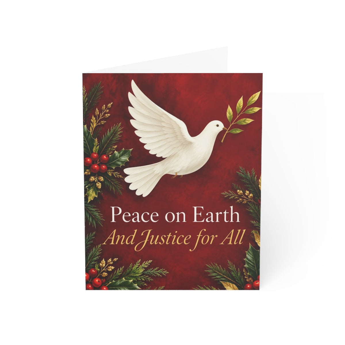 Peace on Earth, And Justice for All (red) greeting card, front