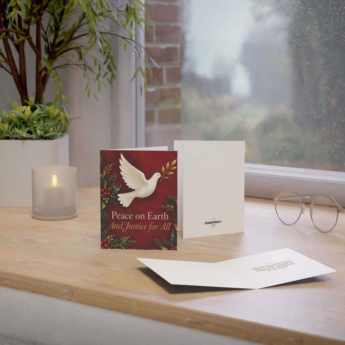 Peace on Earth, And Justice for All (red) greeting card, context-1