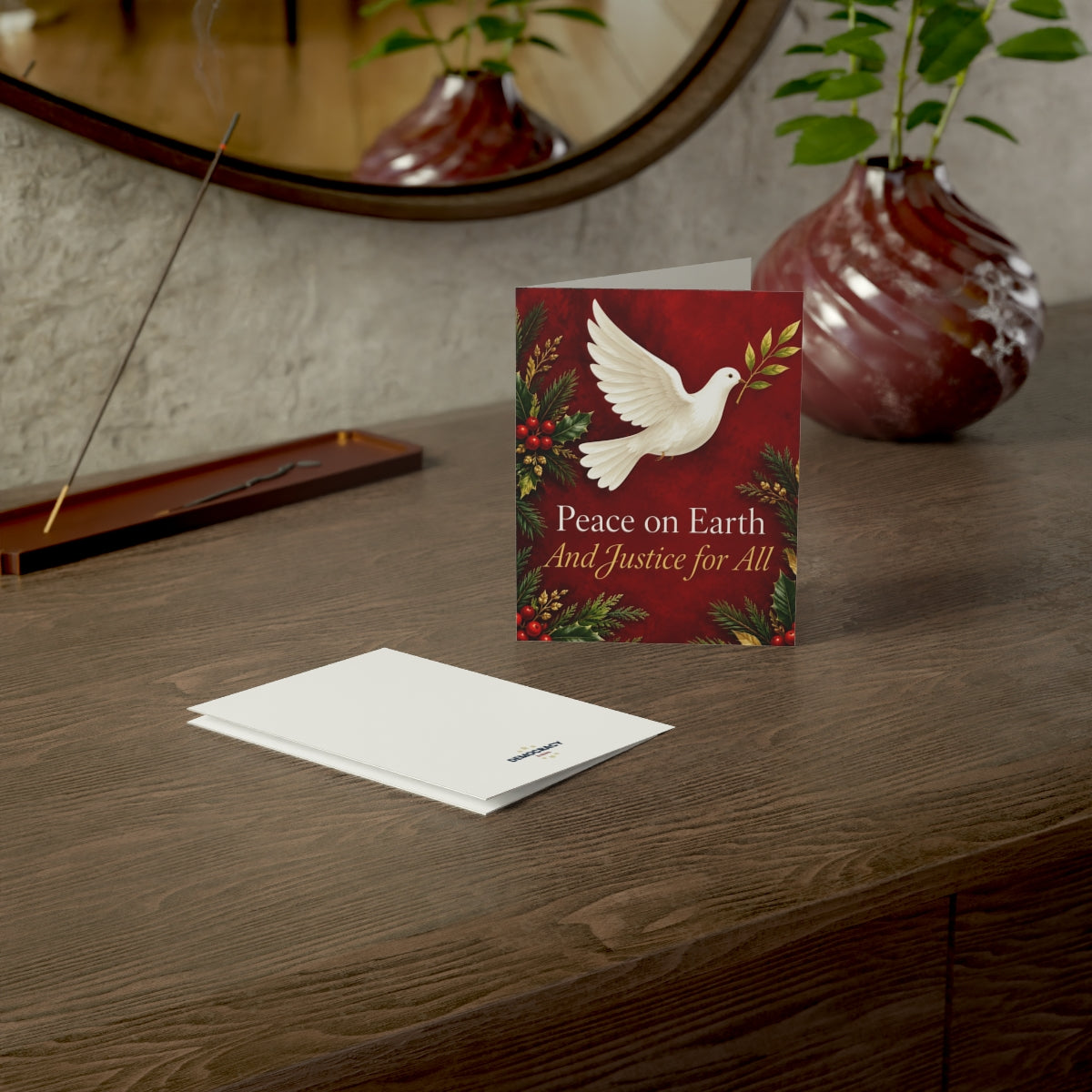Peace on Earth, And Justice for All (red) greeting card, context-2